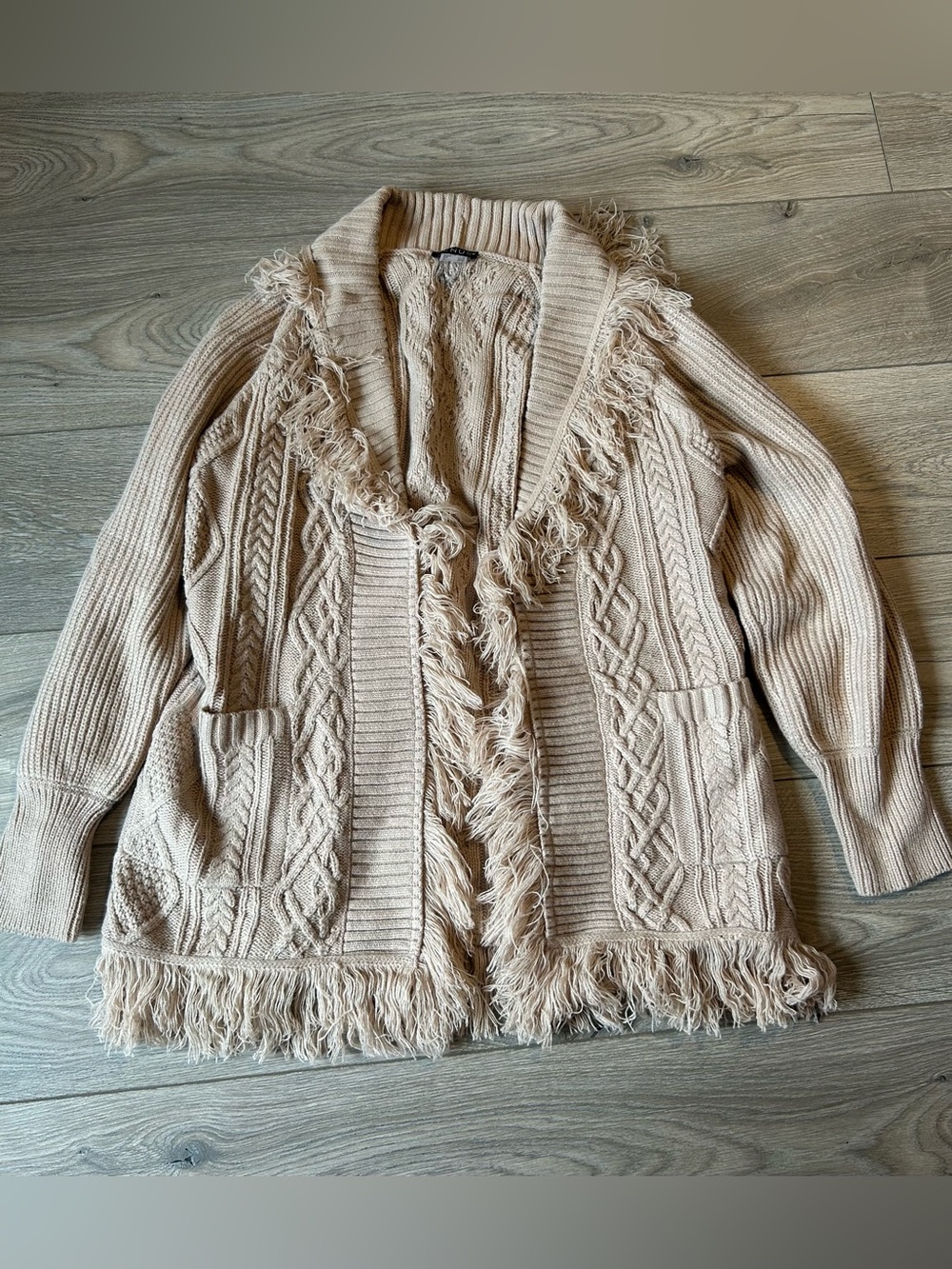 Venus Boho Beige Fringe Cable-Knit Open Cardigan Western Sweater Size Medium
